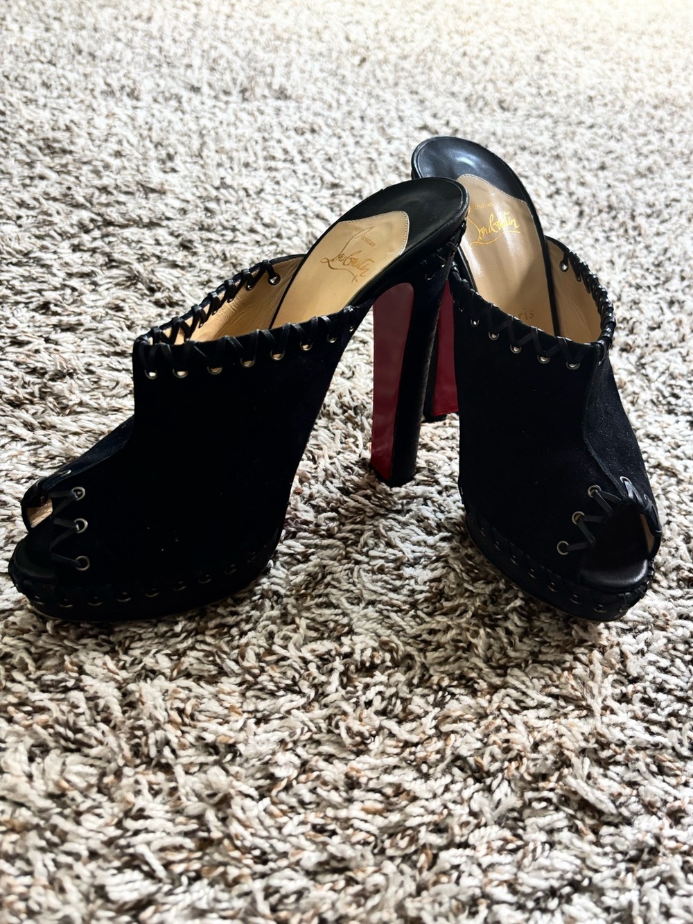 Christian Louboutin Black Suede Open-Toe Grommet Mules - Picture 2 of 6